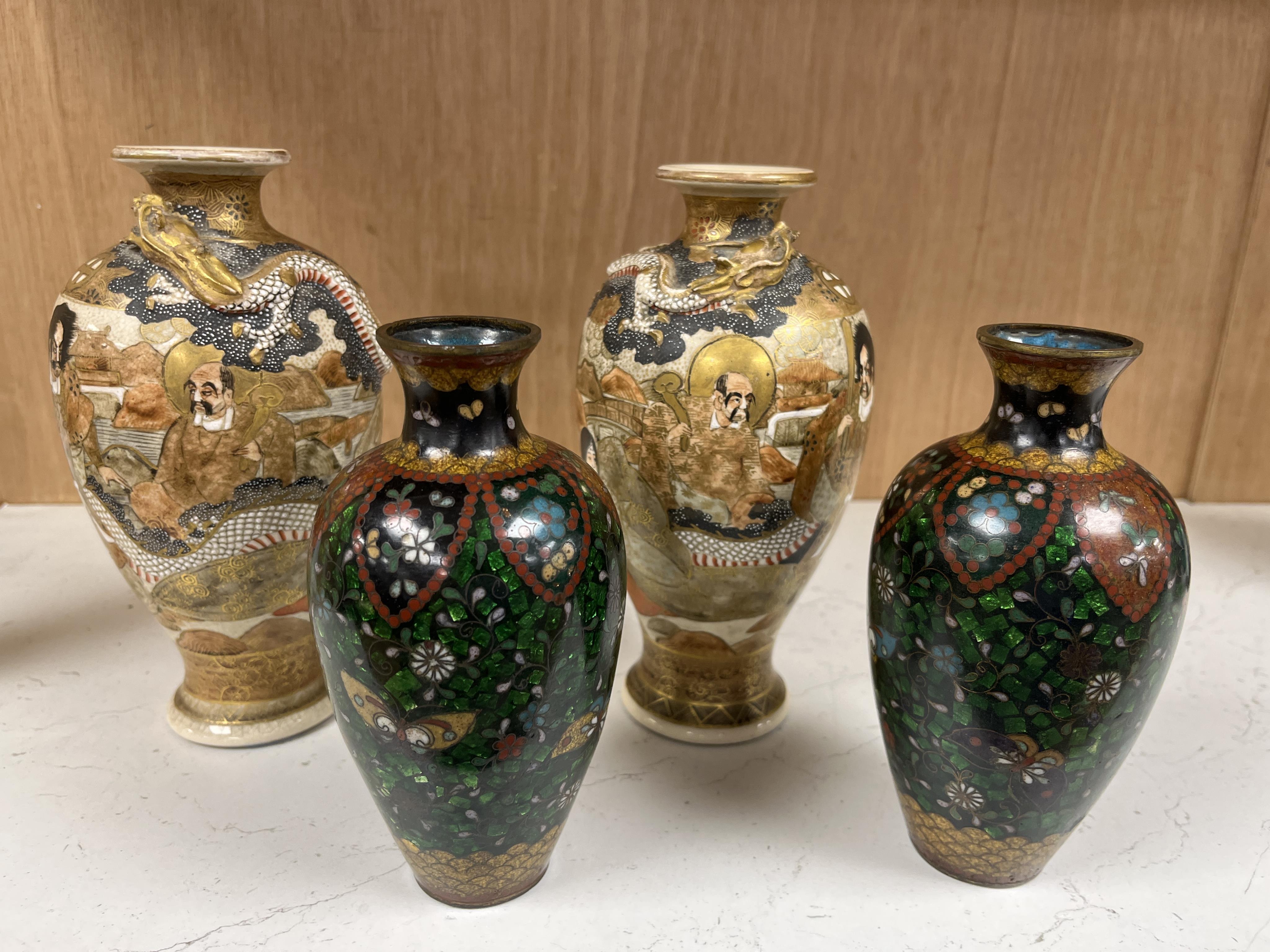 A pair of Japanese Satsuma pottery vases and a pair of Japanese cloisonné enamel vases